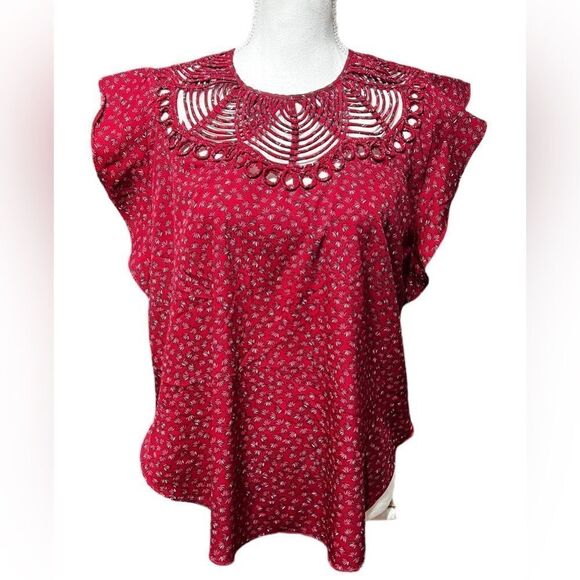 Anthropologie Ranna Gill Cutout Red Floral Flutter
Sleeve Markie Blouse - Picture 1 of 6
